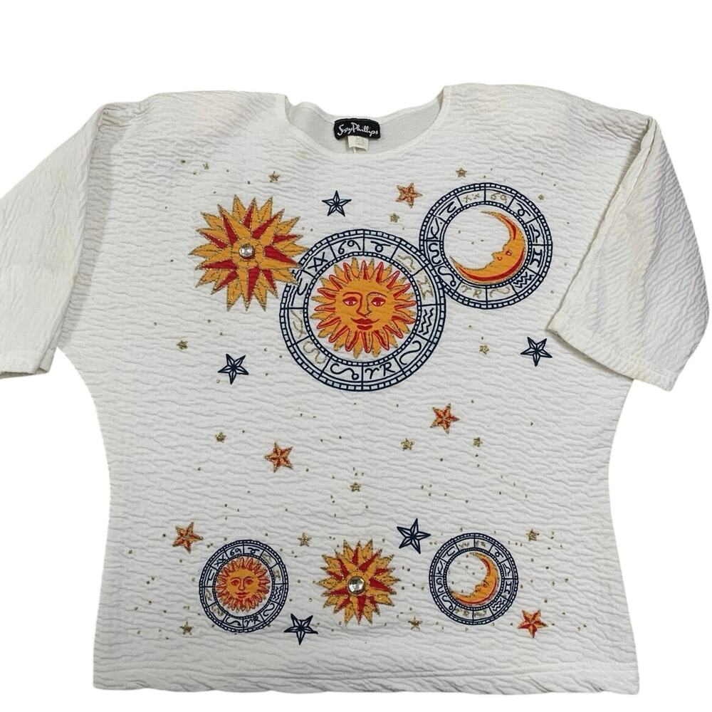 VTG Suzy Phillips Bling Celestial Butterfly Style Arms Top Sun Moon Stars Sz L